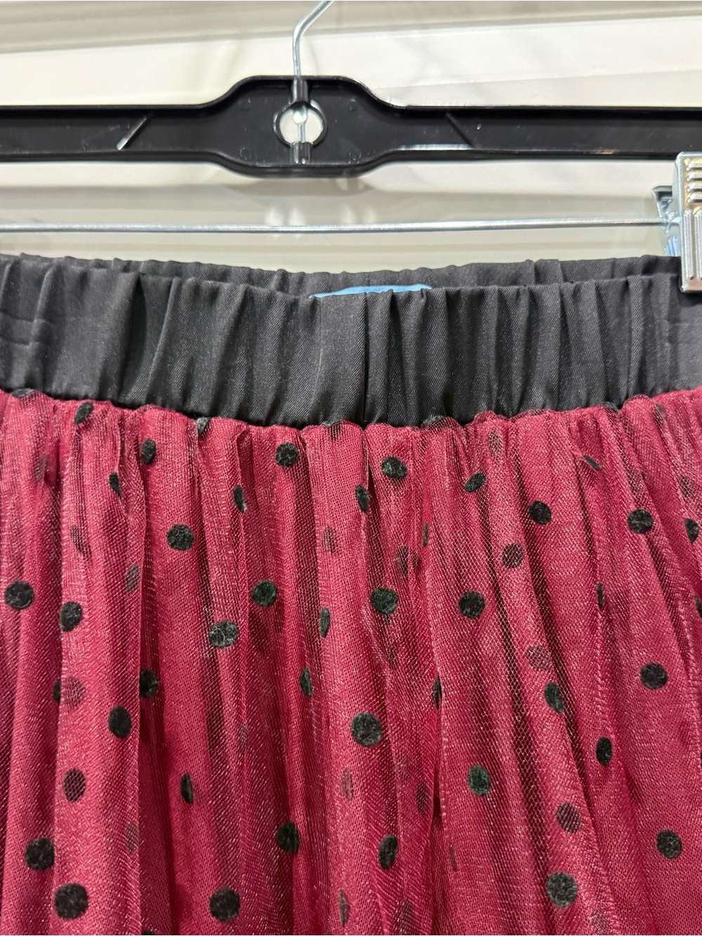 Draper James Burgundy Tulle Midi Skirt with Black Polka Dots and Black Waistband - Picture 2 of 7